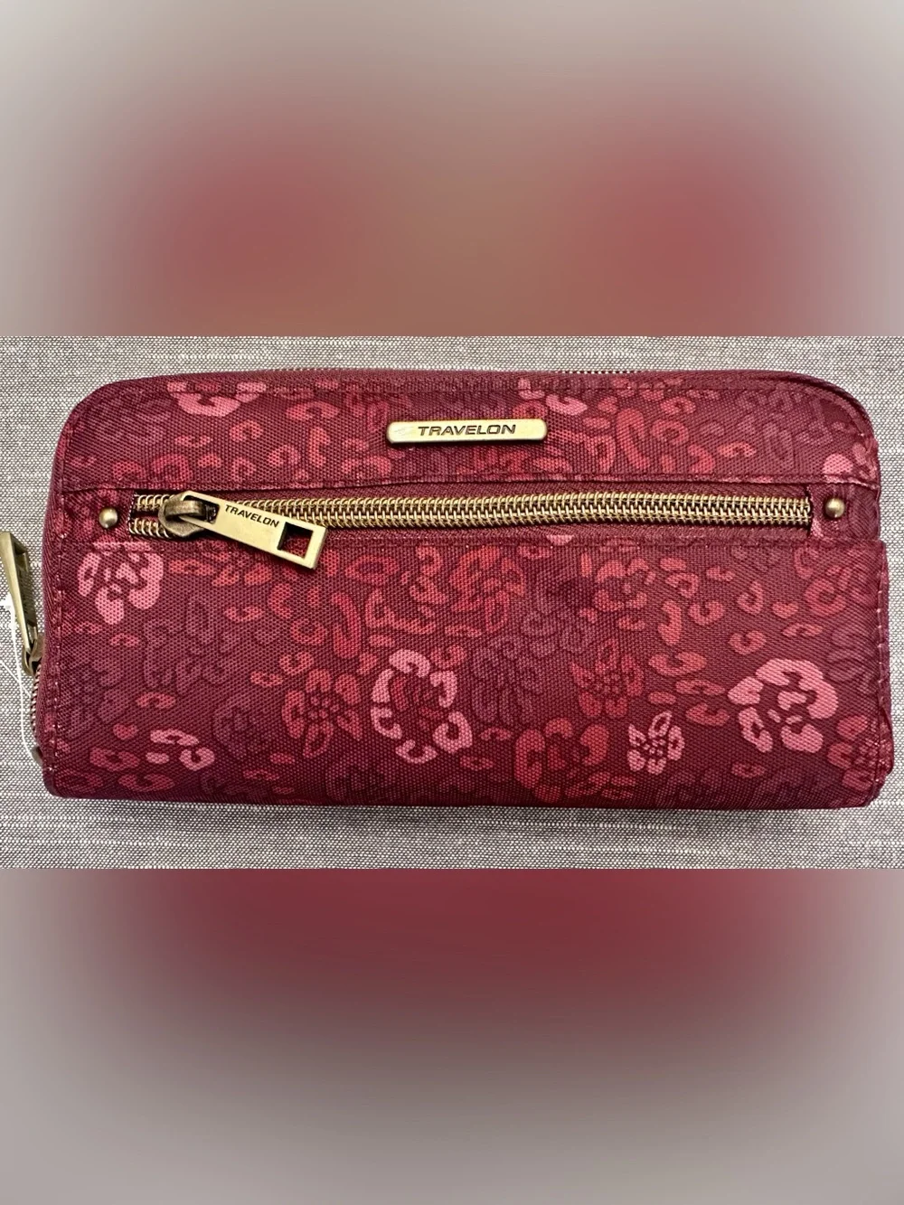 Travelon Burgundy Floral Pattern Crossbody Wallet with Gold Accents
